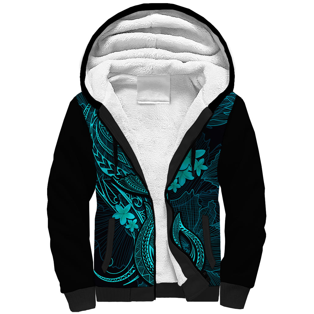 Hawaii Sherpa Hoodie Fish Hook Tattoo Mix Polynesian Plumeria Turquoise Version - Wonder Print Shop