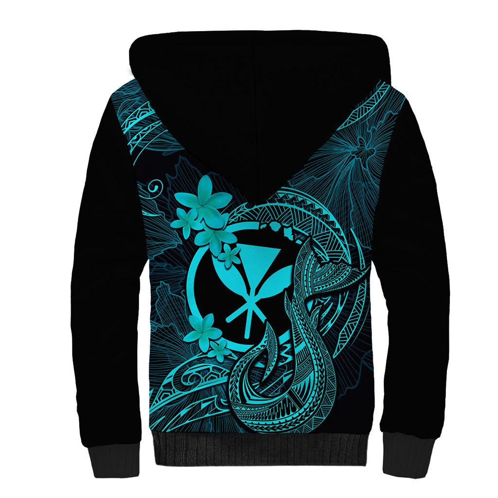 Hawaii Sherpa Hoodie Fish Hook Tattoo Mix Polynesian Plumeria Turquoise Version - Wonder Print Shop