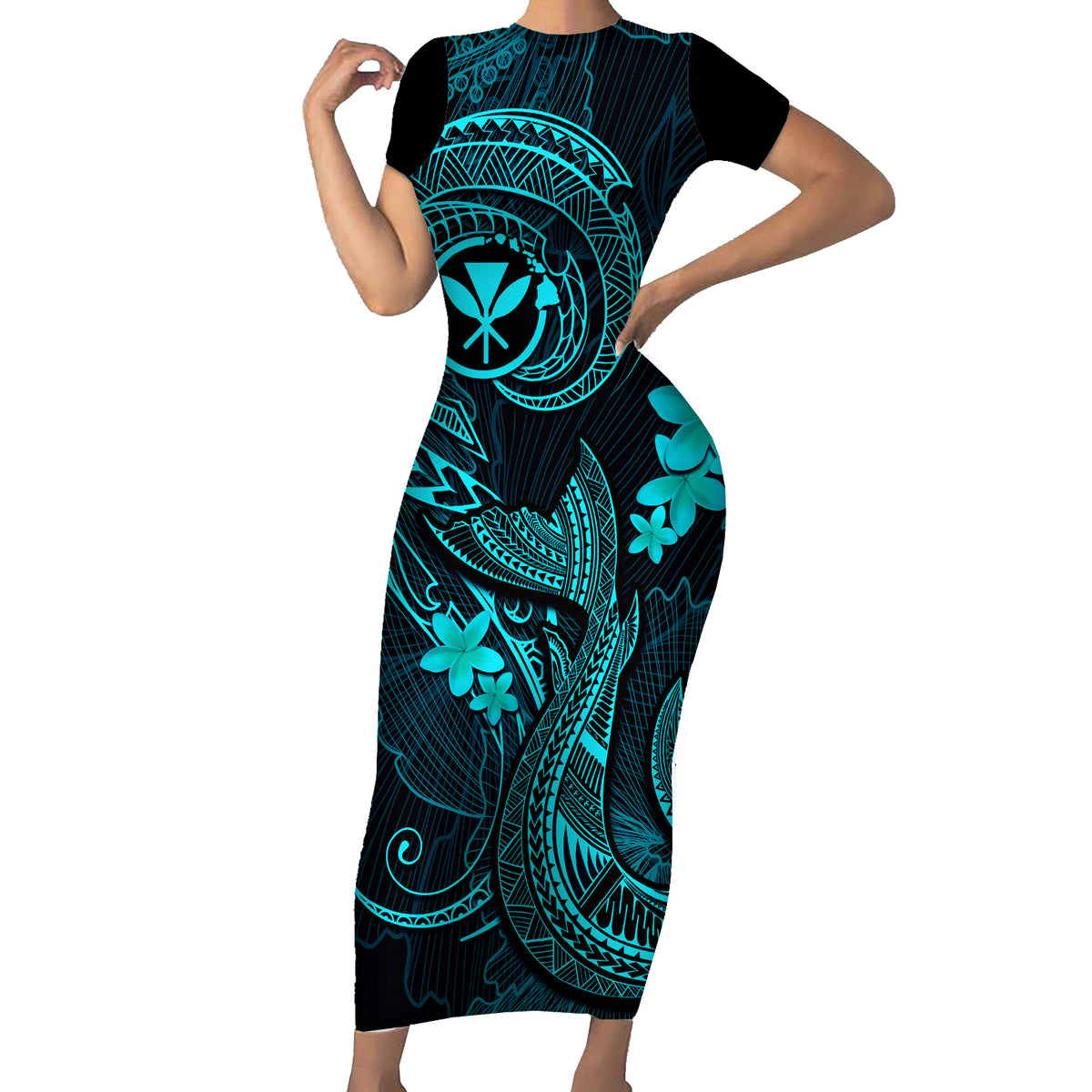Hawaii Short Sleeve Bodycon Dress Fish Hook Tattoo Mix Polynesian Plumeria Turquoise Version - Wonder Print Shop