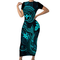 Hawaii Short Sleeve Bodycon Dress Fish Hook Tattoo Mix Polynesian Plumeria Turquoise Version - Wonder Print Shop