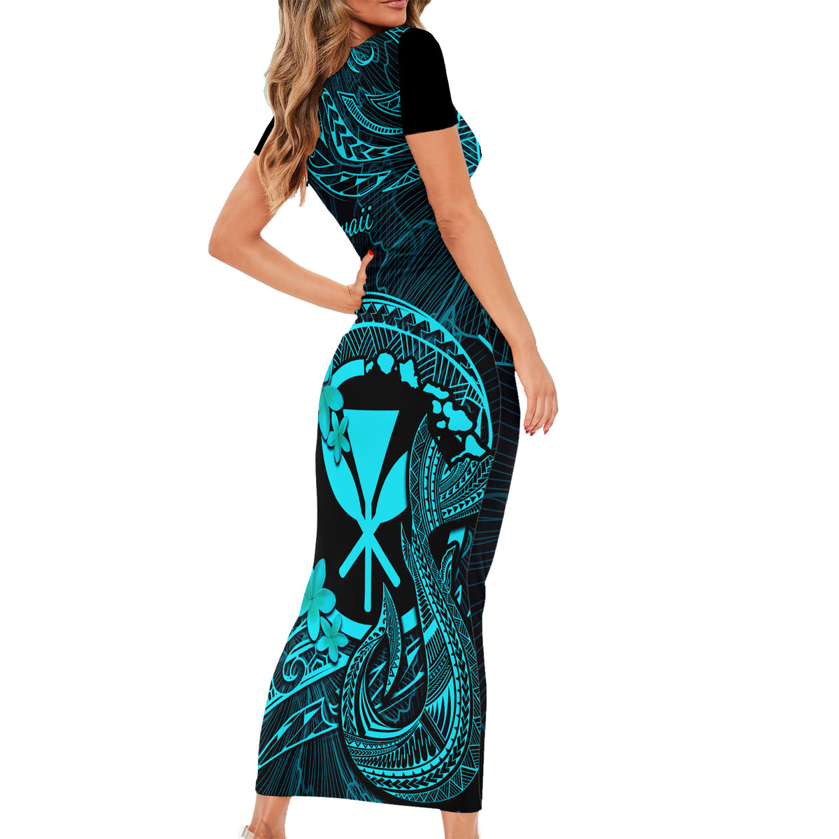 Hawaii Short Sleeve Bodycon Dress Fish Hook Tattoo Mix Polynesian Plumeria Turquoise Version - Wonder Print Shop