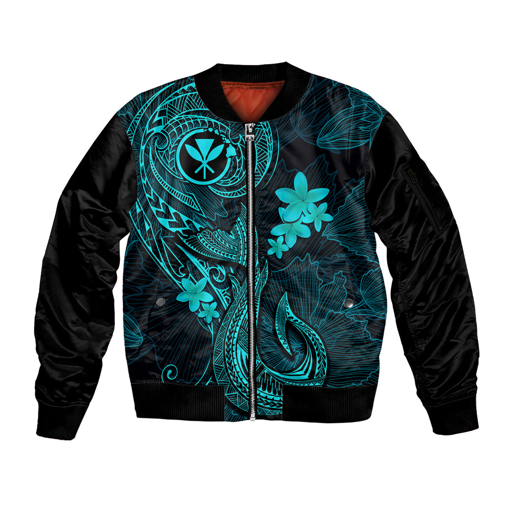 Hawaii Sleeve Zip Bomber Jacket Fish Hook Tattoo Mix Polynesian Plumeria Turquoise Version - Wonder Print Shop