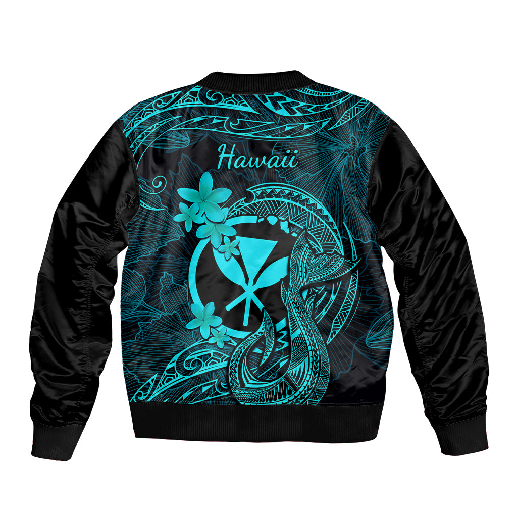 Hawaii Sleeve Zip Bomber Jacket Fish Hook Tattoo Mix Polynesian Plumeria Turquoise Version - Wonder Print Shop
