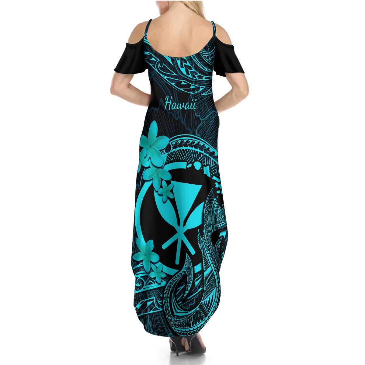 Hawaii Summer Maxi Dress Fish Hook Tattoo Mix Polynesian Plumeria Turquoise Version - Wonder Print Shop