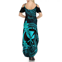 Hawaii Summer Maxi Dress Fish Hook Tattoo Mix Polynesian Plumeria Turquoise Version - Wonder Print Shop