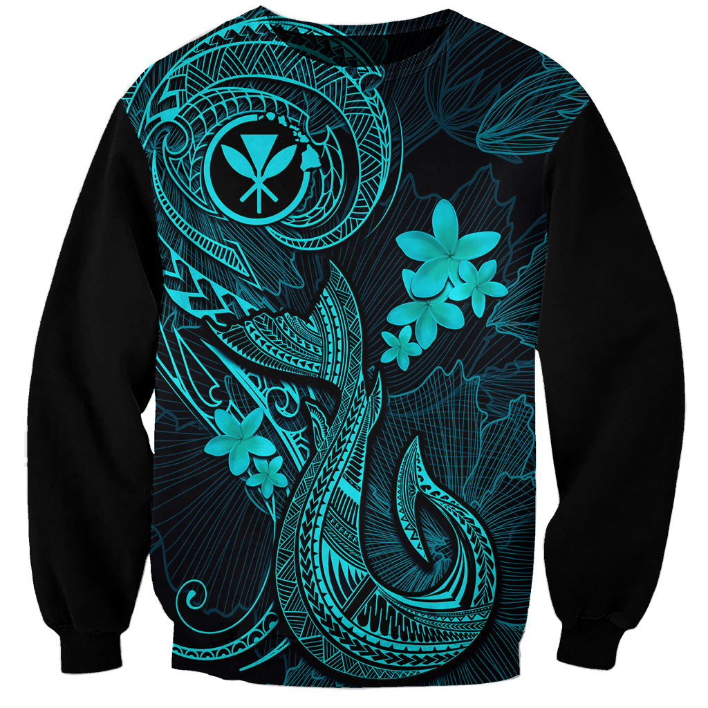 Hawaii Sweatshirt Fish Hook Tattoo Mix Polynesian Plumeria Turquoise Version - Wonder Print Shop