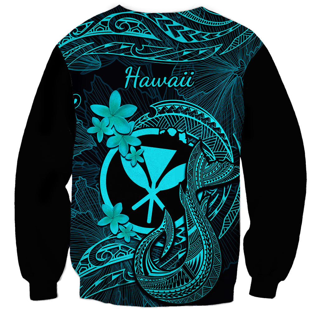 Hawaii Sweatshirt Fish Hook Tattoo Mix Polynesian Plumeria Turquoise Version - Wonder Print Shop