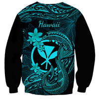 Hawaii Sweatshirt Fish Hook Tattoo Mix Polynesian Plumeria Turquoise Version - Wonder Print Shop