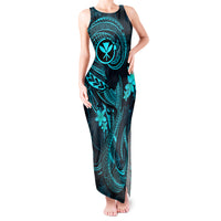 Hawaii Tank Maxi Dress Fish Hook Tattoo Mix Polynesian Plumeria Turquoise Version - Wonder Print Shop
