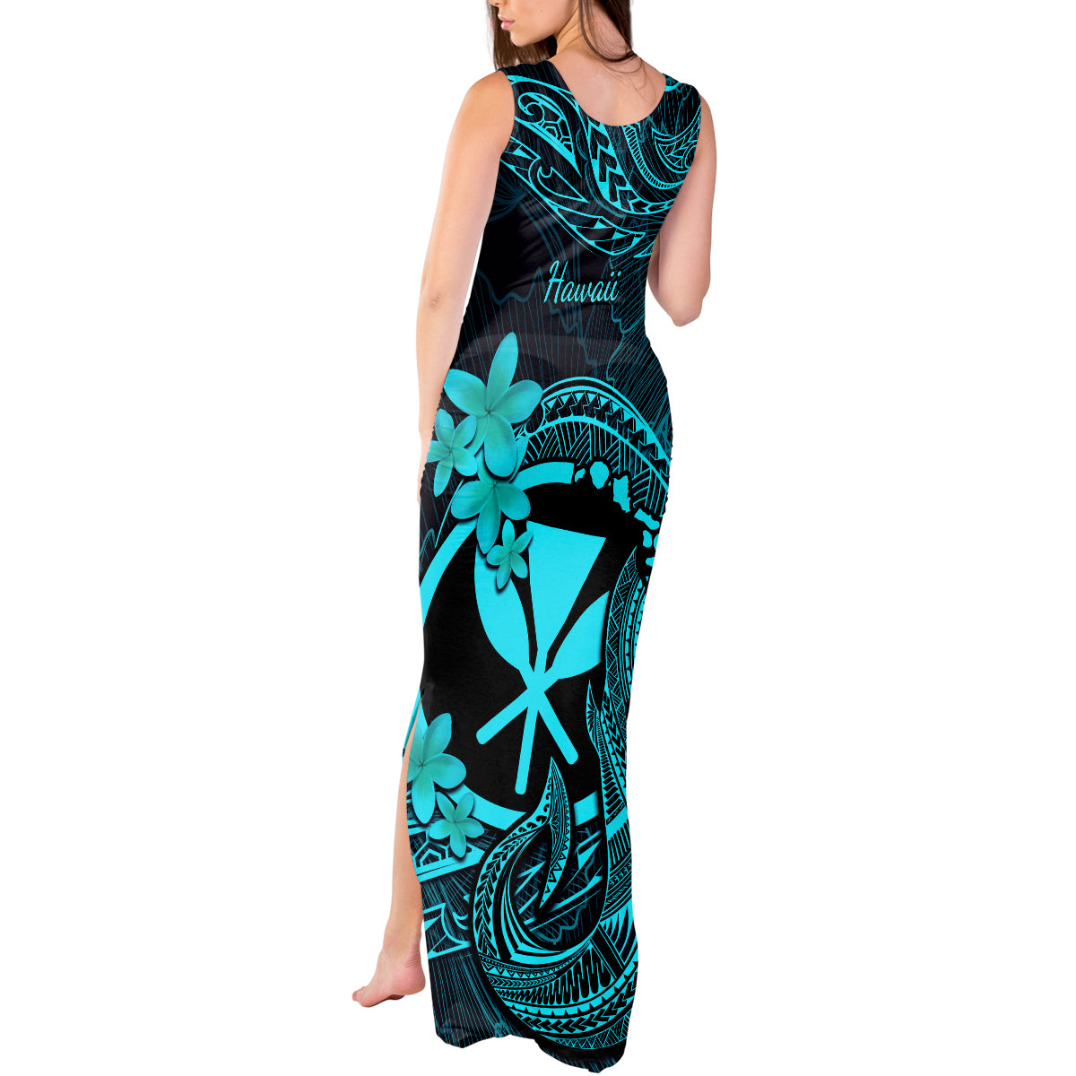 Hawaii Tank Maxi Dress Fish Hook Tattoo Mix Polynesian Plumeria Turquoise Version - Wonder Print Shop