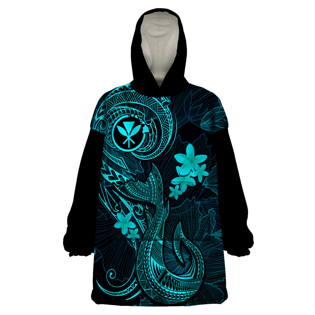 Hawaii Wearable Blanket Hoodie Fish Hook Tattoo Mix Polynesian Plumeria Turquoise Version - Wonder Print Shop