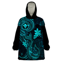 Hawaii Wearable Blanket Hoodie Fish Hook Tattoo Mix Polynesian Plumeria Turquoise Version - Wonder Print Shop