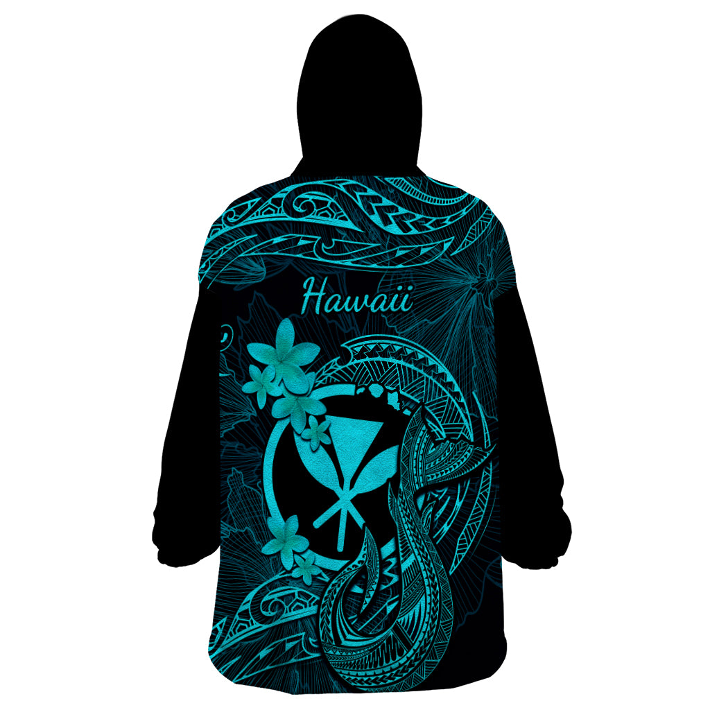 Hawaii Wearable Blanket Hoodie Fish Hook Tattoo Mix Polynesian Plumeria Turquoise Version - Wonder Print Shop