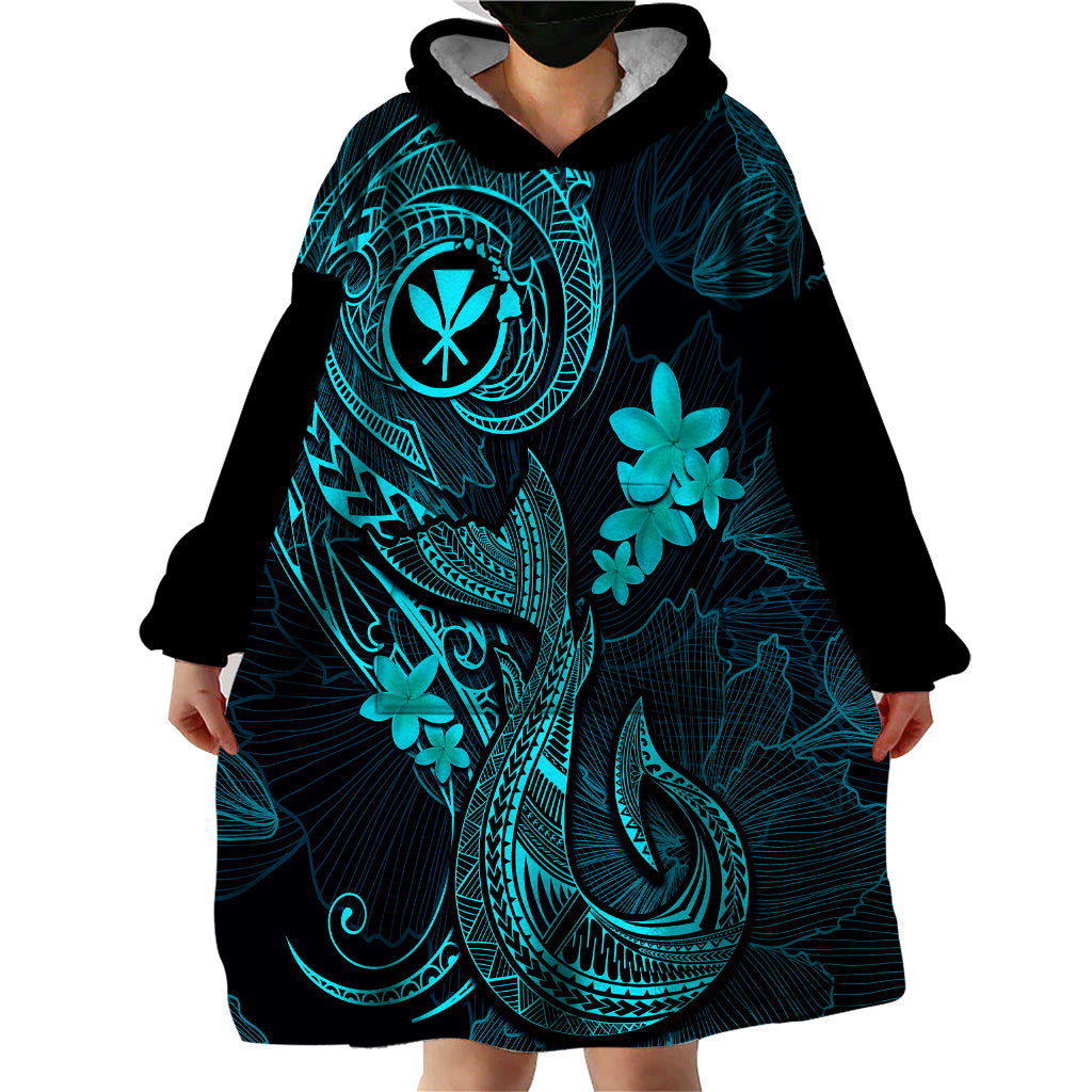 Hawaii Wearable Blanket Hoodie Fish Hook Tattoo Mix Polynesian Plumeria Turquoise Version - Wonder Print Shop