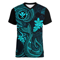 Hawaii Women V Neck T Shirt Fish Hook Tattoo Mix Polynesian Plumeria Turquoise Version - Wonder Print Shop