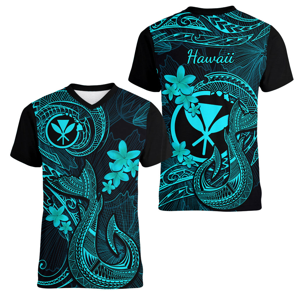 Hawaii Women V Neck T Shirt Fish Hook Tattoo Mix Polynesian Plumeria Turquoise Version - Wonder Print Shop