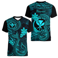 Hawaii Women V Neck T Shirt Fish Hook Tattoo Mix Polynesian Plumeria Turquoise Version - Wonder Print Shop