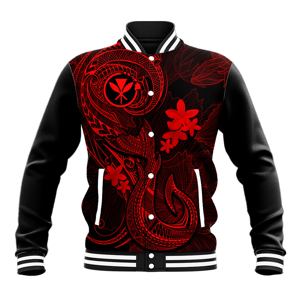 Hawaii Baseball Jacket Fish Hook Tattoo Mix Polynesian Plumeria Red Version - Wonder Print Shop