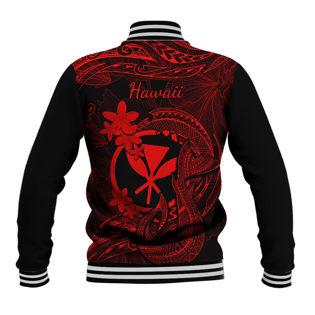 Hawaii Baseball Jacket Fish Hook Tattoo Mix Polynesian Plumeria Red Version - Wonder Print Shop