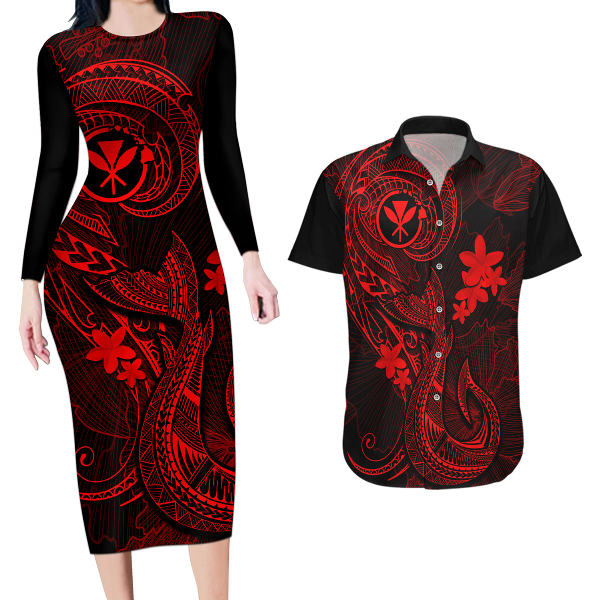 Hawaii Couples Matching Long Sleeve Bodycon Dress and Hawaiian Shirt Fish Hook Tattoo Mix Polynesian Plumeria Red Version - Wonder Print Shop