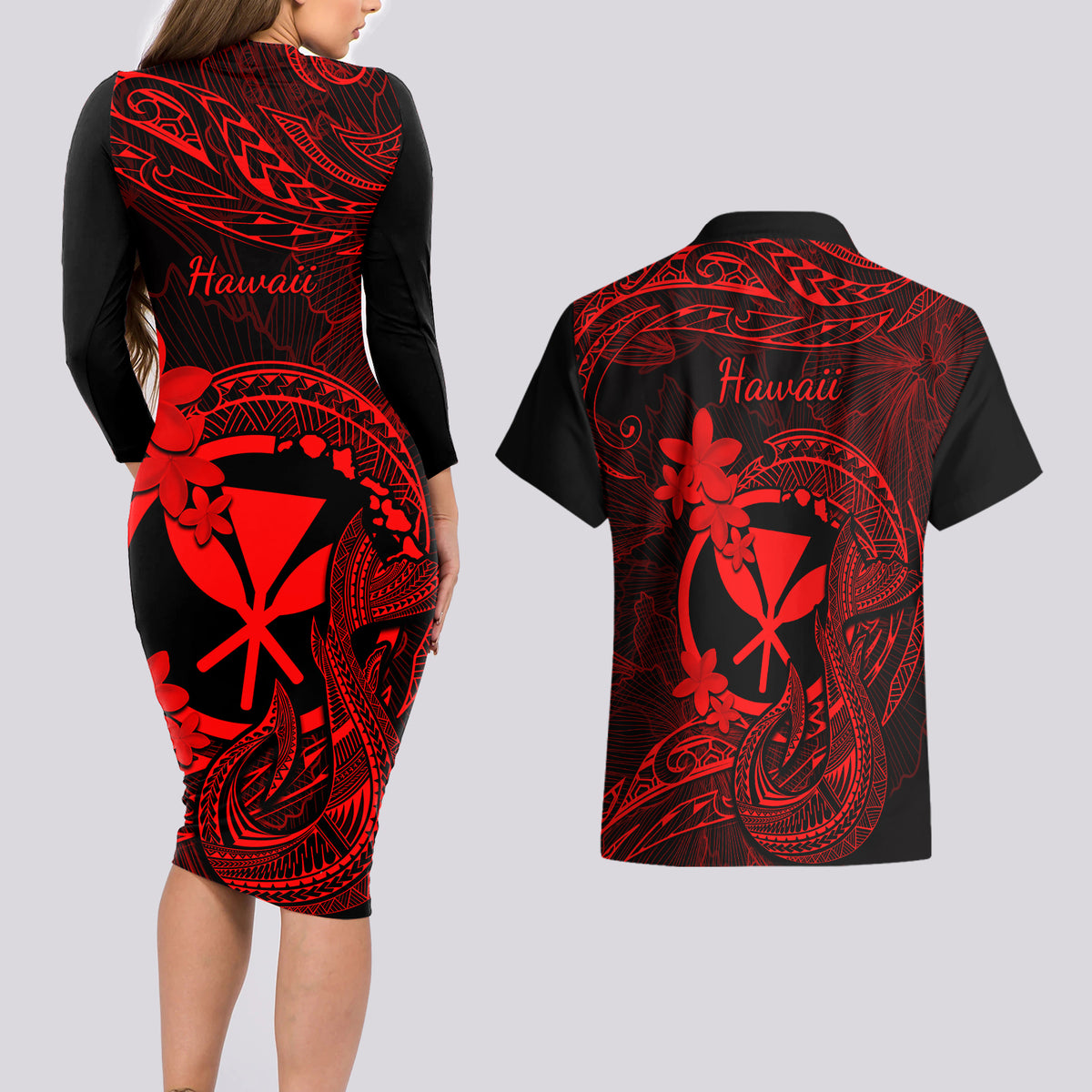 Hawaii Couples Matching Long Sleeve Bodycon Dress and Hawaiian Shirt Fish Hook Tattoo Mix Polynesian Plumeria Red Version - Wonder Print Shop