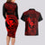 Hawaii Couples Matching Long Sleeve Bodycon Dress and Hawaiian Shirt Fish Hook Tattoo Mix Polynesian Plumeria Red Version - Wonder Print Shop