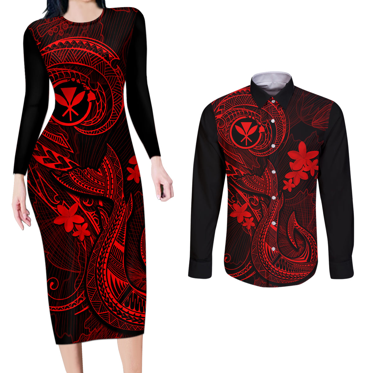 Hawaii Couples Matching Long Sleeve Bodycon Dress and Long Sleeve Button Shirts Fish Hook Tattoo Mix Polynesian Plumeria Red Version - Wonder Print Shop
