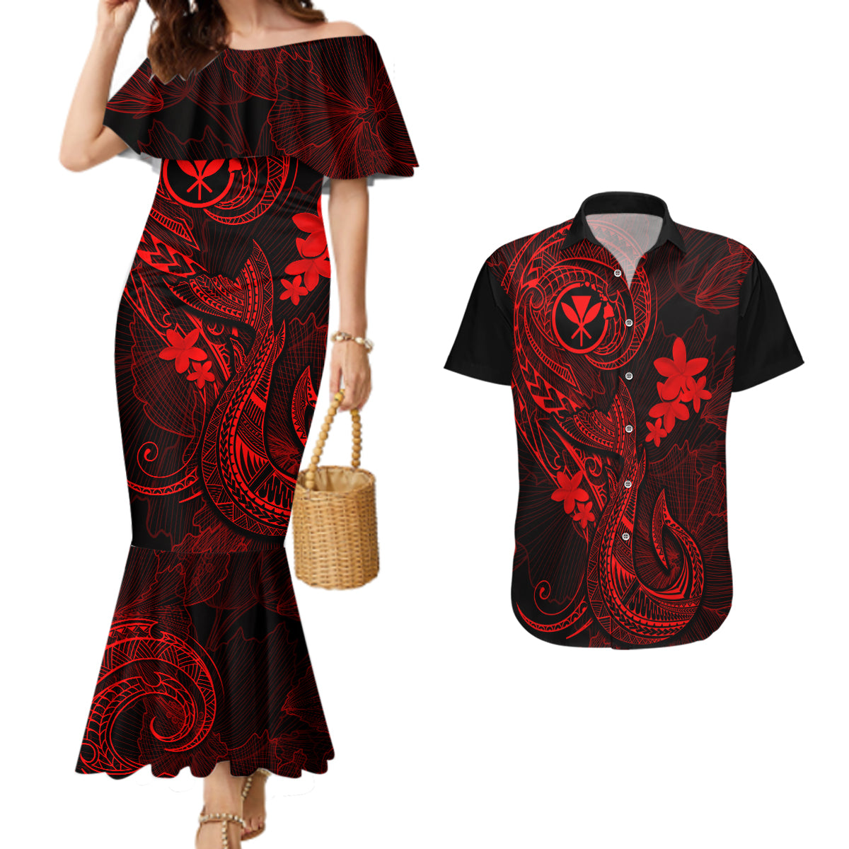 Hawaii Couples Matching Mermaid Dress and Hawaiian Shirt Fish Hook Tattoo Mix Polynesian Plumeria Red Version - Wonder Print Shop