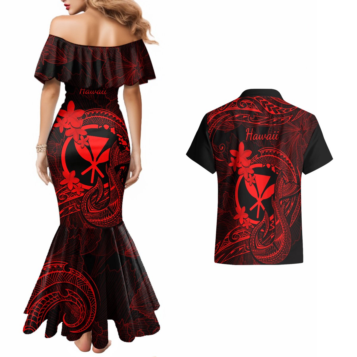 Hawaii Couples Matching Mermaid Dress and Hawaiian Shirt Fish Hook Tattoo Mix Polynesian Plumeria Red Version - Wonder Print Shop
