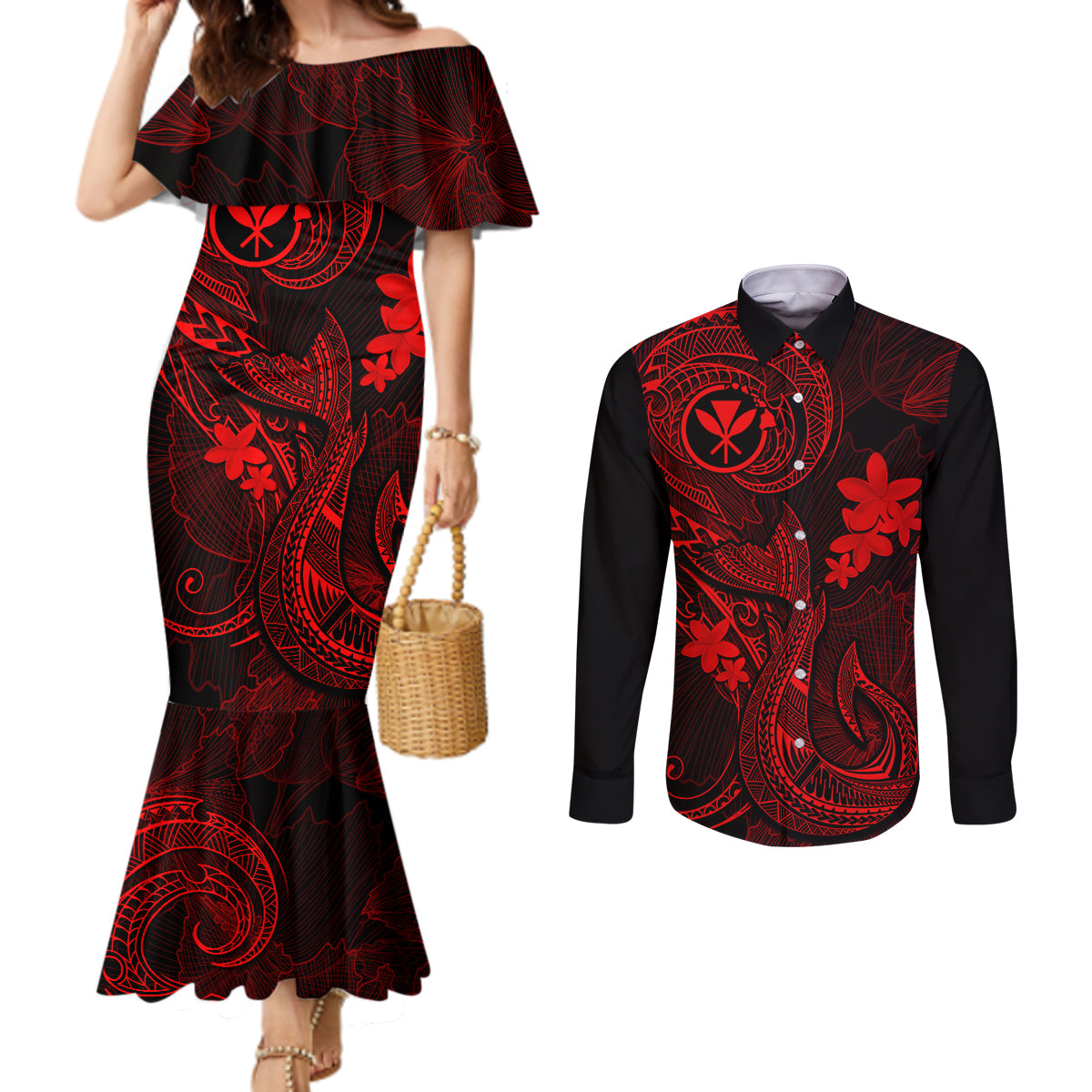 hawaii-couples-matching-mermaid-dress-and-long-sleeve-button-shirts-fish-hook-tattoo-mix-polynesian-plumeria-red-version