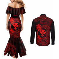 hawaii-couples-matching-mermaid-dress-and-long-sleeve-button-shirts-fish-hook-tattoo-mix-polynesian-plumeria-red-version
