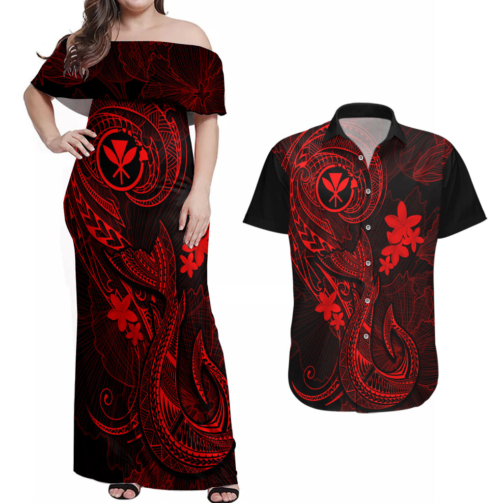Hawaii Couples Matching Off Shoulder Maxi Dress and Hawaiian Shirt Fish Hook Tattoo Mix Polynesian Plumeria Red Version - Wonder Print Shop