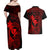 Hawaii Couples Matching Off Shoulder Maxi Dress and Hawaiian Shirt Fish Hook Tattoo Mix Polynesian Plumeria Red Version - Wonder Print Shop