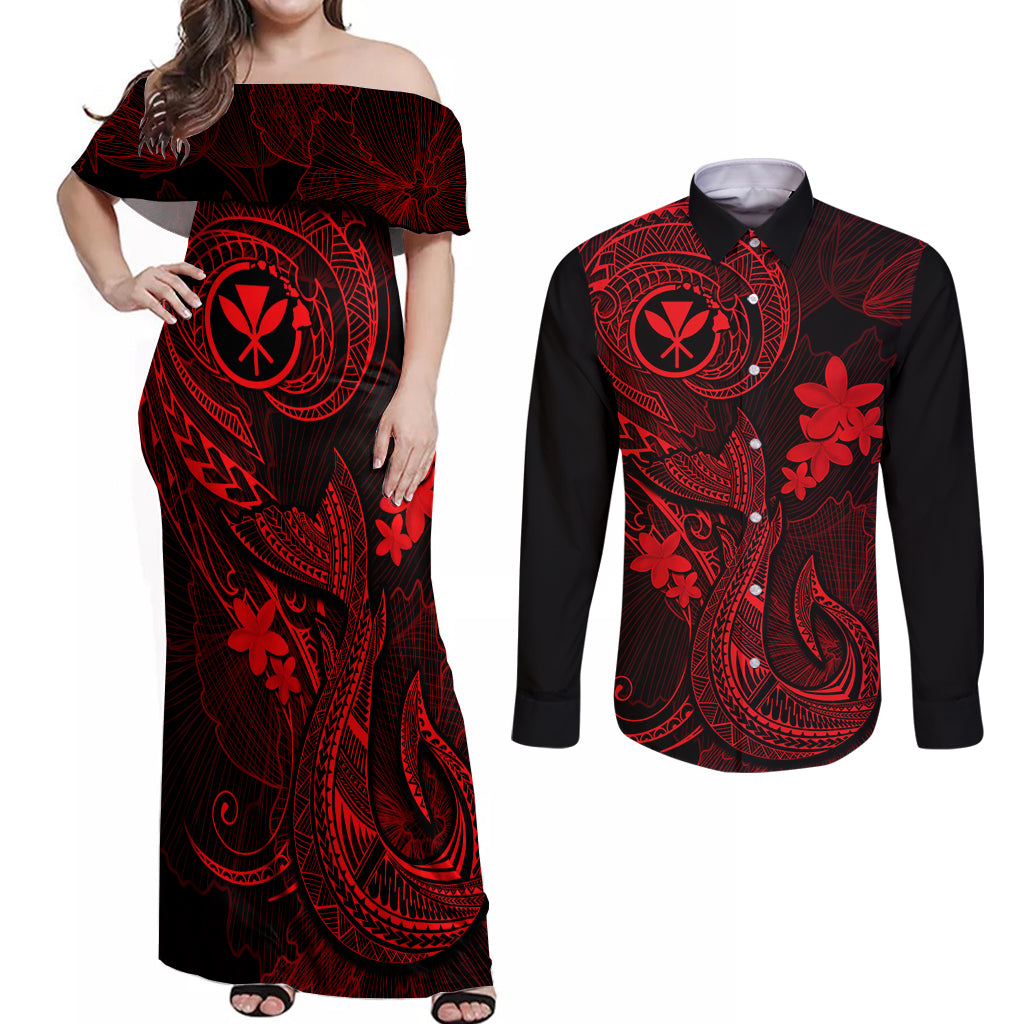 Hawaii Couples Matching Off Shoulder Maxi Dress and Long Sleeve Button Shirts Fish Hook Tattoo Mix Polynesian Plumeria Red Version - Wonder Print Shop