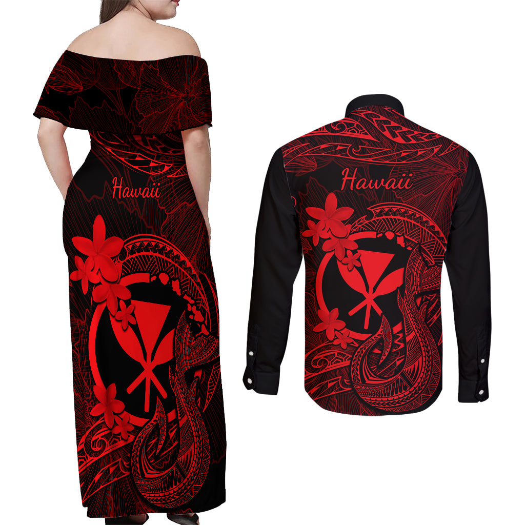 Hawaii Couples Matching Off Shoulder Maxi Dress and Long Sleeve Button Shirts Fish Hook Tattoo Mix Polynesian Plumeria Red Version - Wonder Print Shop