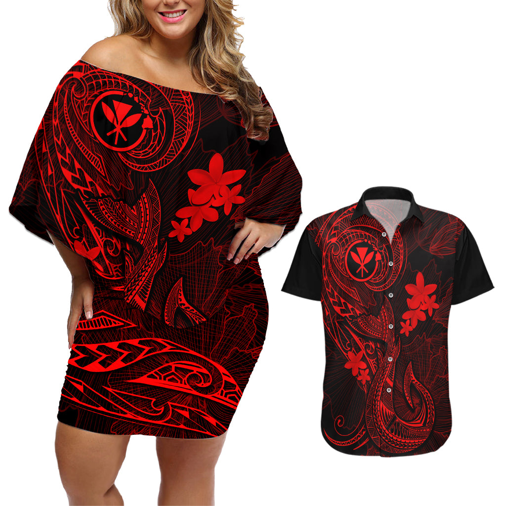Hawaii Couples Matching Off Shoulder Short Dress and Hawaiian Shirt Fish Hook Tattoo Mix Polynesian Plumeria Red Version - Wonder Print Shop