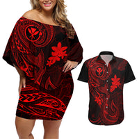 Hawaii Couples Matching Off Shoulder Short Dress and Hawaiian Shirt Fish Hook Tattoo Mix Polynesian Plumeria Red Version - Wonder Print Shop