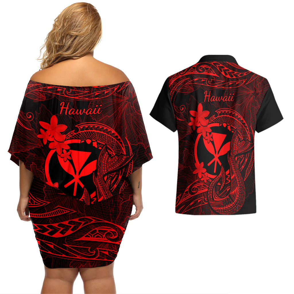 Hawaii Couples Matching Off Shoulder Short Dress and Hawaiian Shirt Fish Hook Tattoo Mix Polynesian Plumeria Red Version - Wonder Print Shop