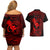 Hawaii Couples Matching Off Shoulder Short Dress and Hawaiian Shirt Fish Hook Tattoo Mix Polynesian Plumeria Red Version - Wonder Print Shop