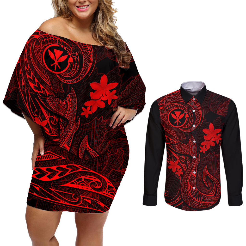 Hawaii Couples Matching Off Shoulder Short Dress and Long Sleeve Button Shirts Fish Hook Tattoo Mix Polynesian Plumeria Red Version - Wonder Print Shop