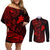 Hawaii Couples Matching Off Shoulder Short Dress and Long Sleeve Button Shirts Fish Hook Tattoo Mix Polynesian Plumeria Red Version - Wonder Print Shop