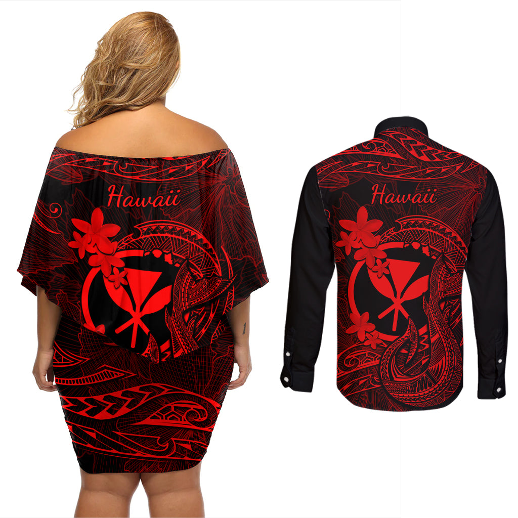 Hawaii Couples Matching Off Shoulder Short Dress and Long Sleeve Button Shirts Fish Hook Tattoo Mix Polynesian Plumeria Red Version - Wonder Print Shop