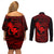 Hawaii Couples Matching Off Shoulder Short Dress and Long Sleeve Button Shirts Fish Hook Tattoo Mix Polynesian Plumeria Red Version - Wonder Print Shop