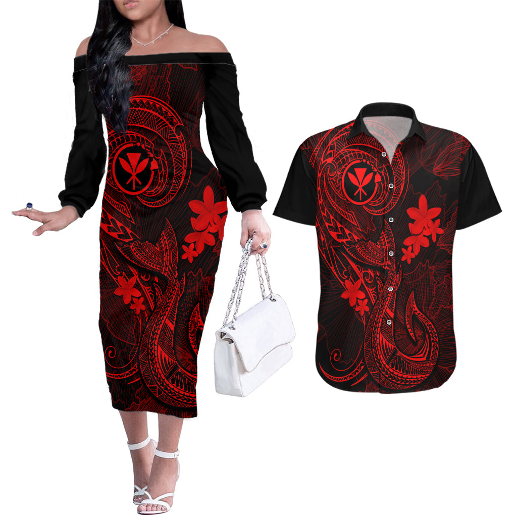 Hawaii Couples Matching Off The Shoulder Long Sleeve Dress and Hawaiian Shirt Fish Hook Tattoo Mix Polynesian Plumeria Red Version - Wonder Print Shop