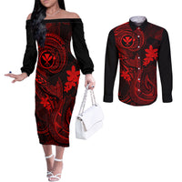 hawaii-couples-matching-off-the-shoulder-long-sleeve-dress-and-long-sleeve-button-shirts-fish-hook-tattoo-mix-polynesian-plumeria-red-version