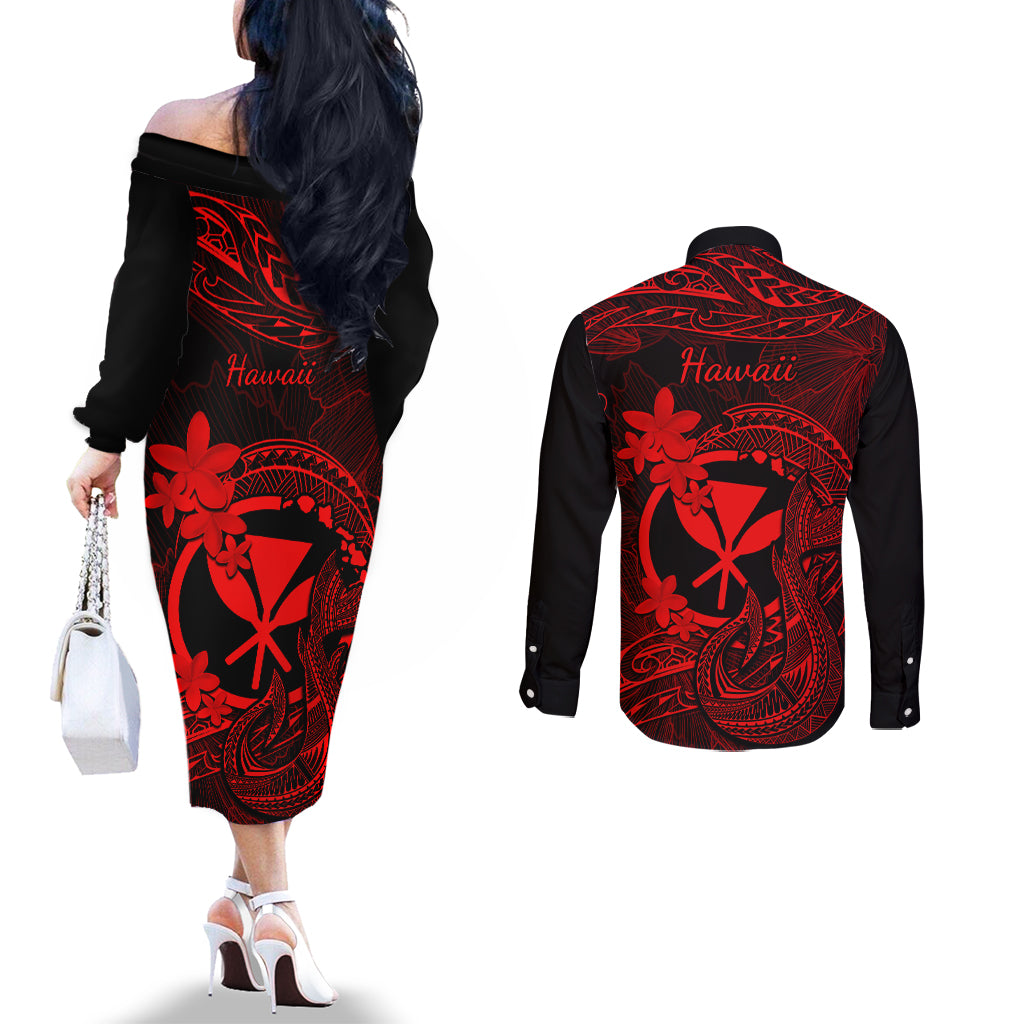 hawaii-couples-matching-off-the-shoulder-long-sleeve-dress-and-long-sleeve-button-shirts-fish-hook-tattoo-mix-polynesian-plumeria-red-version