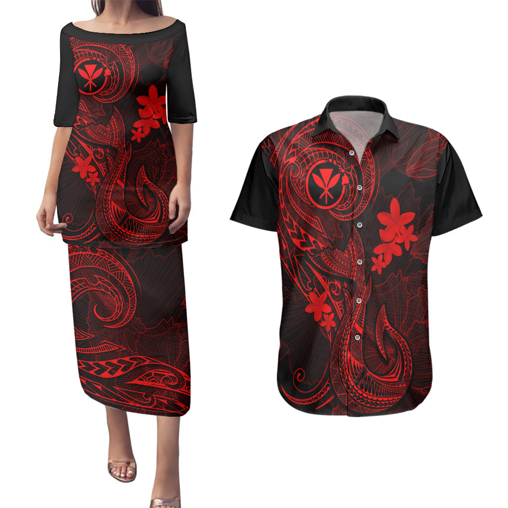 Hawaii Couples Matching Puletasi Dress and Hawaiian Shirt Fish Hook Tattoo Mix Polynesian Plumeria Red Version - Wonder Print Shop