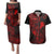 Hawaii Couples Matching Puletasi Dress and Hawaiian Shirt Fish Hook Tattoo Mix Polynesian Plumeria Red Version - Wonder Print Shop