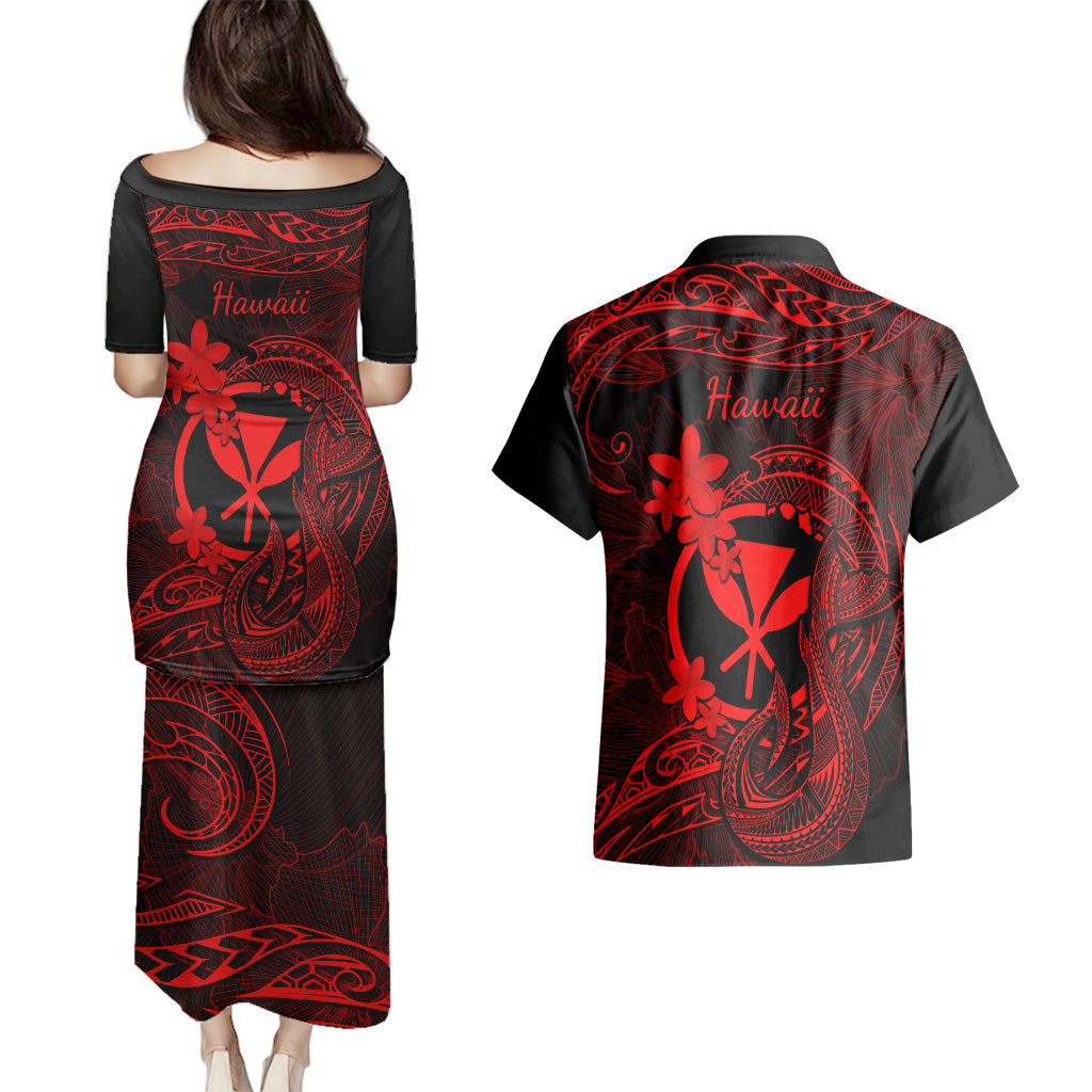 Hawaii Couples Matching Puletasi Dress and Hawaiian Shirt Fish Hook Tattoo Mix Polynesian Plumeria Red Version - Wonder Print Shop