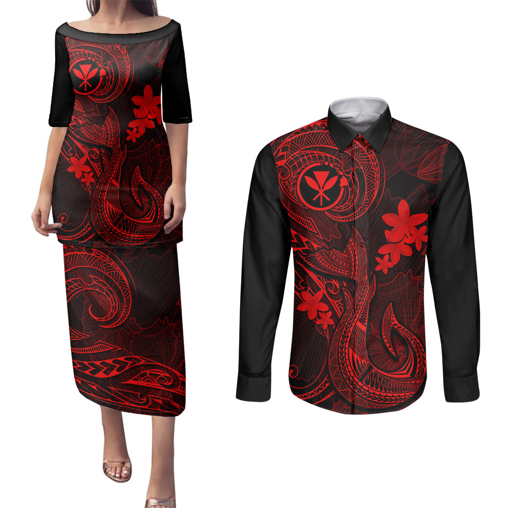 Hawaii Couples Matching Puletasi Dress and Long Sleeve Button Shirts Fish Hook Tattoo Mix Polynesian Plumeria Red Version - Wonder Print Shop